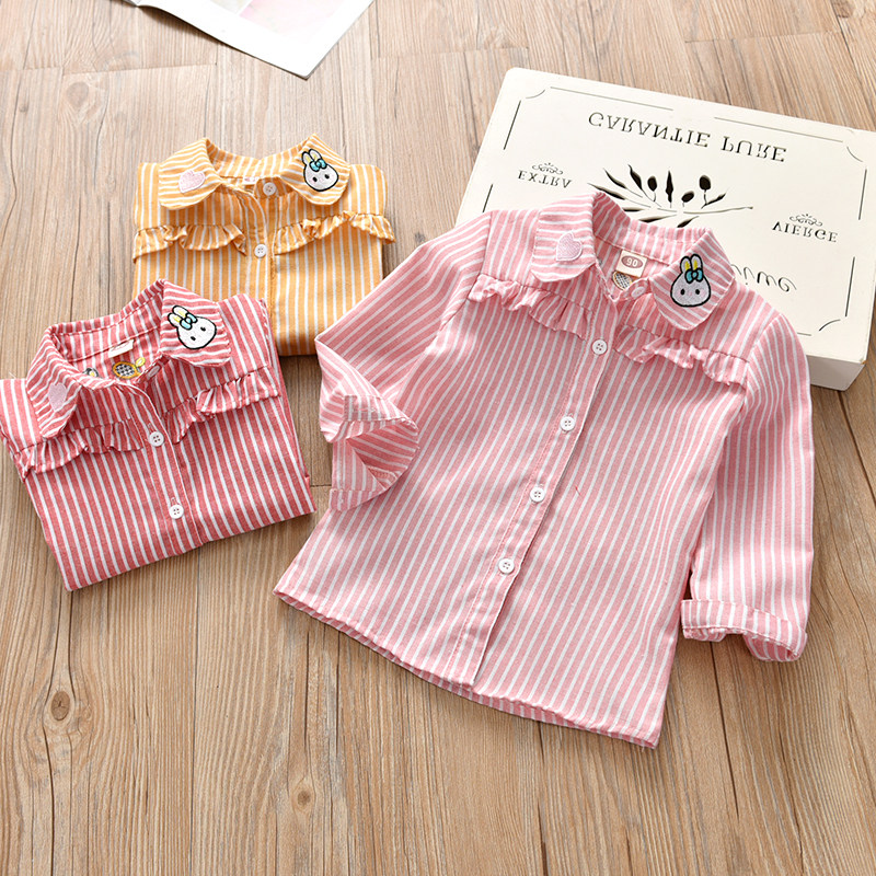 女童秋装2021新款兔子刺绣衬衫韩版女宝宝运动休闲竖条纹长袖衬衣