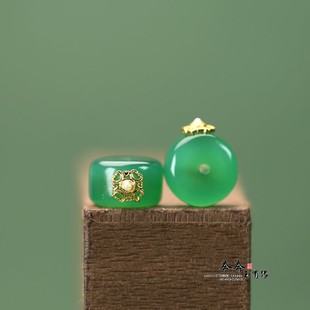 天然玛瑙12*7mm竹子绿直切药片古法镶配珠项链DIY宫廷感饰品D234