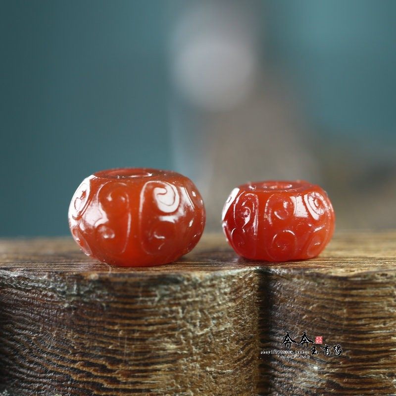一颗价。天然红玛瑙回纹珠12-14mm配饰玉石雕刻祥云算盘鼓珠配件