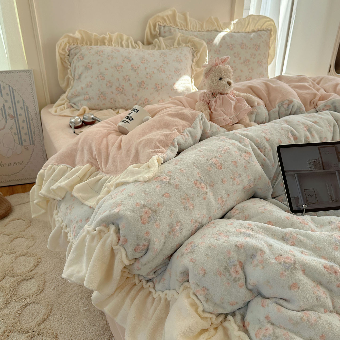 法式公主风花边牛奶绒四件套