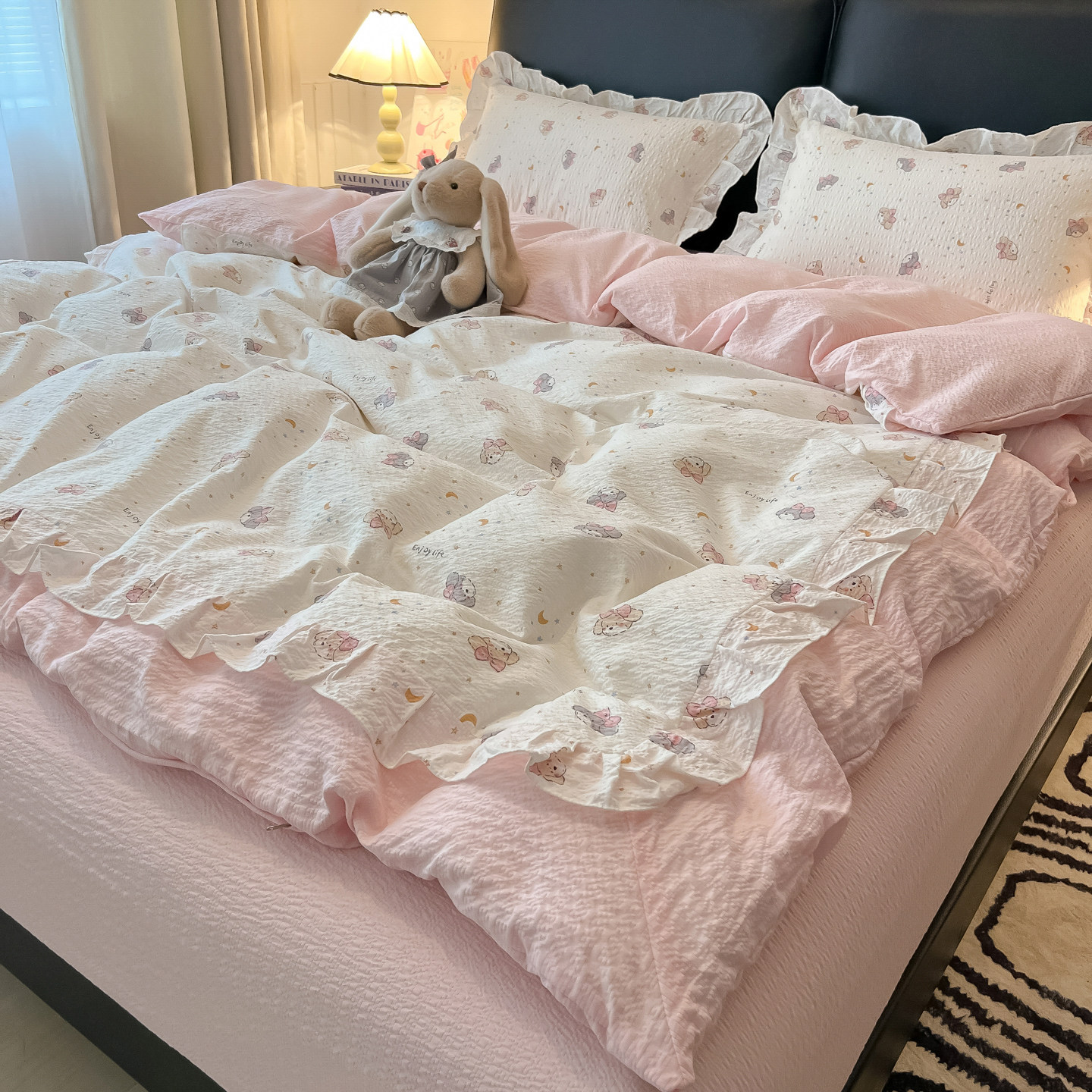 韩式花边泡芙棉双层纱四件套2026新款纯棉全棉床单被套宿舍三件套