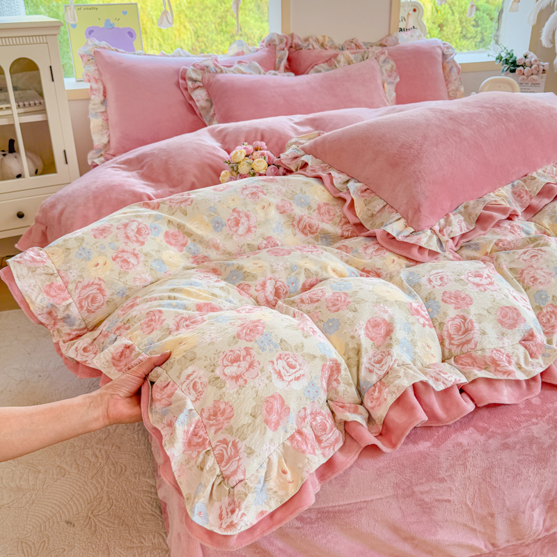 韩版田园风花边款棉加绒四件套