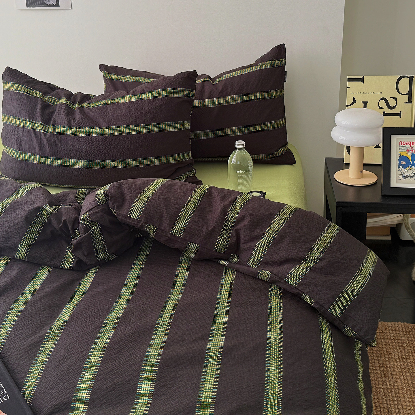 轻奢ins简约绿色条纹四件套2026新款全棉纯棉床单被套宿舍三件套