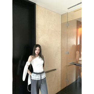 T恤 白色飘带斜肩上衣女夏季 2025新款 韩系设计感绑带修身 显瘦短款