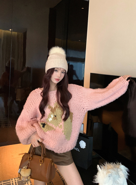 好运小马 手工棒针粉色慵懒毛衣女冬2025新款设计感上衣含羊毛