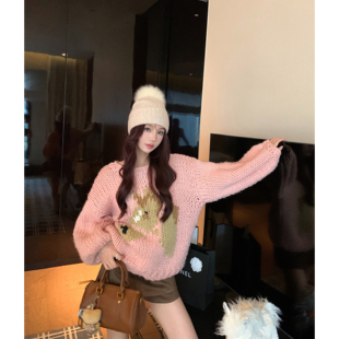 好运小马 设计感上衣含羊毛 手工棒针粉色慵懒毛衣女冬2025新款