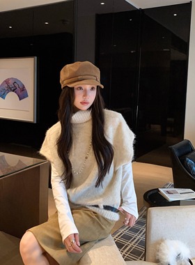燕麦奶泡 羊毛高领针织衫斗篷毛衣冬慵懒叠穿背心蝙蝠袖衫带腰带