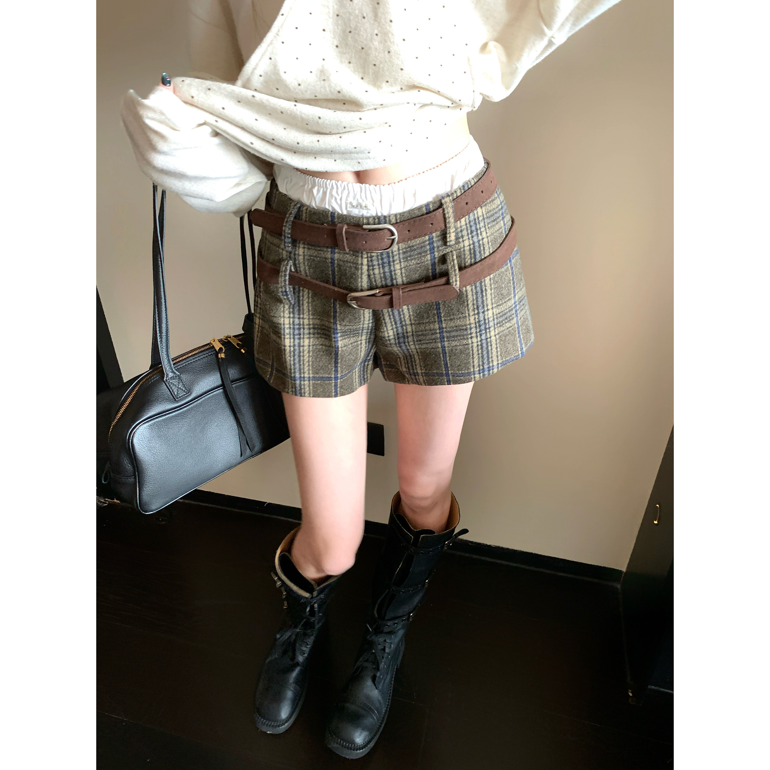 长腿搭档 美式格纹短裤直筒宽松阔腿休闲裤早秋2024洋气辣妹裤子