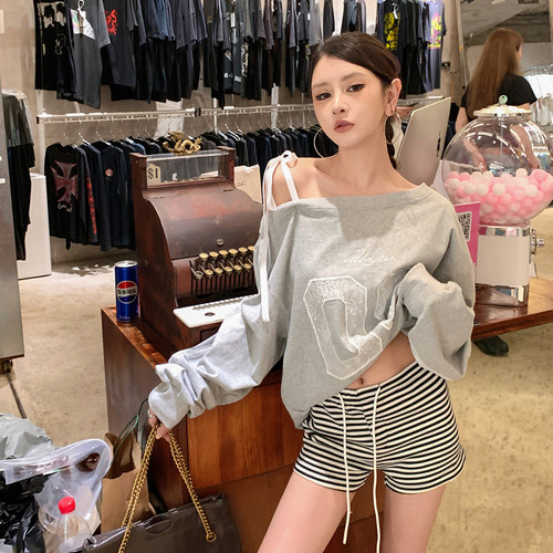 黑条热裤条纹针织A字休闲裤薄款