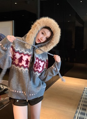 松岛冬日 新年可拆卸毛领费尔岛提花毛衣外套厚冬2025毛衣针织衫