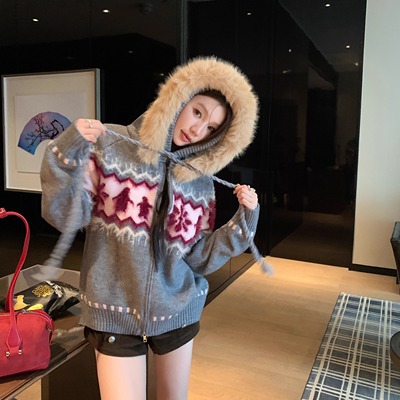 费尔岛毛领拼接毛衣中长款女秋冬