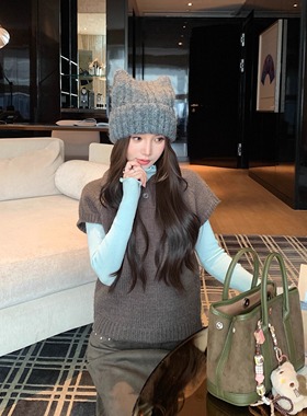 智感叠叠乐 灰色翻领外搭叠穿针织衫毛衣马甲女冬季2025套头上衣