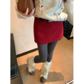 氛围神器 圣诞红格纹毛呢包臀半身裙女冬2026新款 显瘦a字裙带腰带