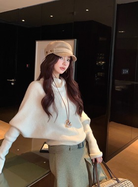 韩女松弛感 蝙蝠袖高领套头毛衣女秋冬慵懒高级感显瘦针织衫上衣