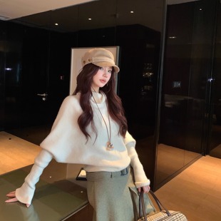 韩女松弛感 蝙蝠袖高领套头毛衣春2026慵懒高级感显瘦针织衫上衣