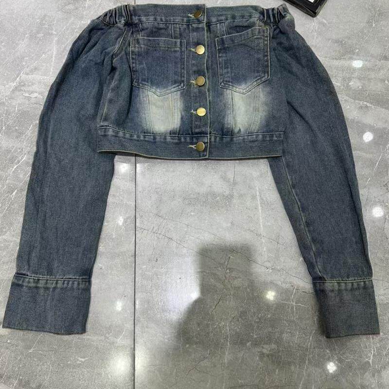 辣妹一字肩长袖短款显瘦上衣 新款女装春秋季时尚休闲牛仔上衣 潮