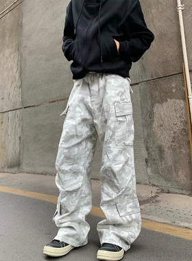 HY711 美式水洗雪地迷彩cargo工装裤男女vibe风直筒微喇休闲裤