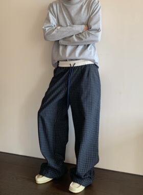 HY711 蓝格子腰头撞色抽绳直筒休闲裤男女美式复古宽松阔腿长裤