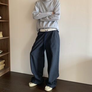 复古宽松阔腿长裤 男女美式 蓝格子腰头撞色抽绳直筒休闲裤 HY711