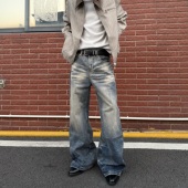 男女cleanfit裤 型直筒微喇牛仔裤 子 闪电纹蓝泥染猫须A字版 HY711