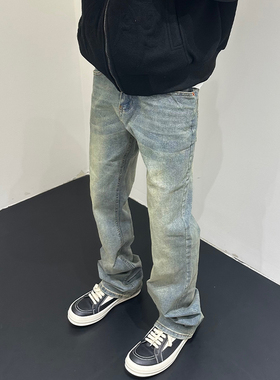 HY711美式复古小众黄泥染水洗做旧蓝色修身直筒微喇裤子牛仔裤男