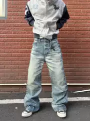 Hy711 Washed Storm Blue Whiskered A-Line Straight Loose Jeans Unisex Cleanfit Pants