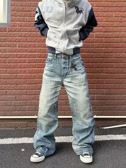 Hy711 Washed Storm Blue Whiskered A-Line Straight Loose Jeans Unisex Cleanfit Pants