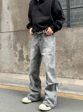 HY711 复古波纹水洗灰cleanfit直筒微喇牛仔裤男百搭休闲情侣裤子