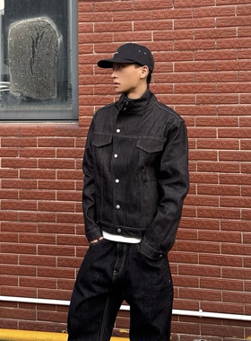 HY711 斜襟立领剪裁廓形短宽黑色原牛夹克男女美式硬挺牛仔外套