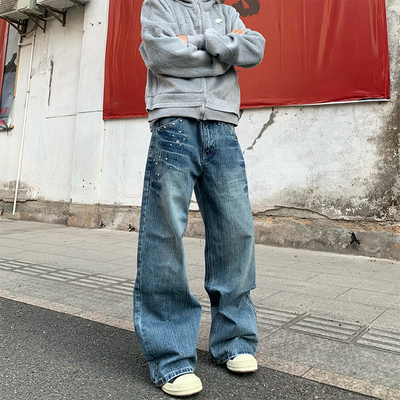 HY711闪电纹烫钻复古牛仔裤