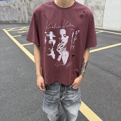 HY711水洗破坏摇滚乐队印花T恤