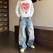 HY711 子 男女cleanfit裤 水洗冰蓝奶油猫须A字版 型直筒宽松牛仔裤