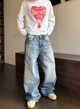 HY711 水洗冰蓝奶油猫须A字版型直筒宽松牛仔裤男女cleanfit裤子