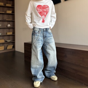 男女cleanfit裤 型直筒宽松牛仔裤 子 水洗冰蓝奶油猫须A字版 HY711