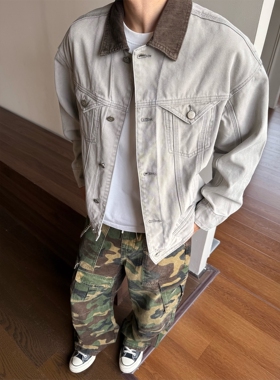 HY711 撞色翻领boxy短款帆布底特律夹克男女巴恩风工装外套