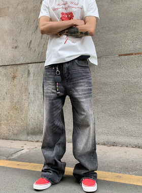 HY711 水洗灰【2021M】直筒阔腿宽松牛仔裤男女美式复古百搭裤子
