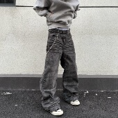 男女重磅高街裤 HY711 喷墨脏染立体猫须做旧A字直筒微喇牛仔裤 子