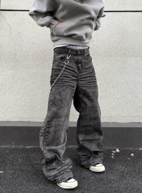 HY711 喷墨脏染立体猫须做旧A字直筒微喇牛仔裤男女重磅高街裤子