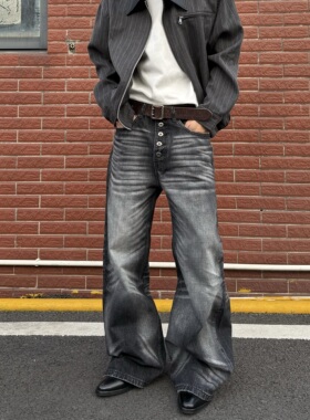 HY711 五连扣15oz战斗猫须A字直筒宽松黑色牛仔裤男女休闲裤子