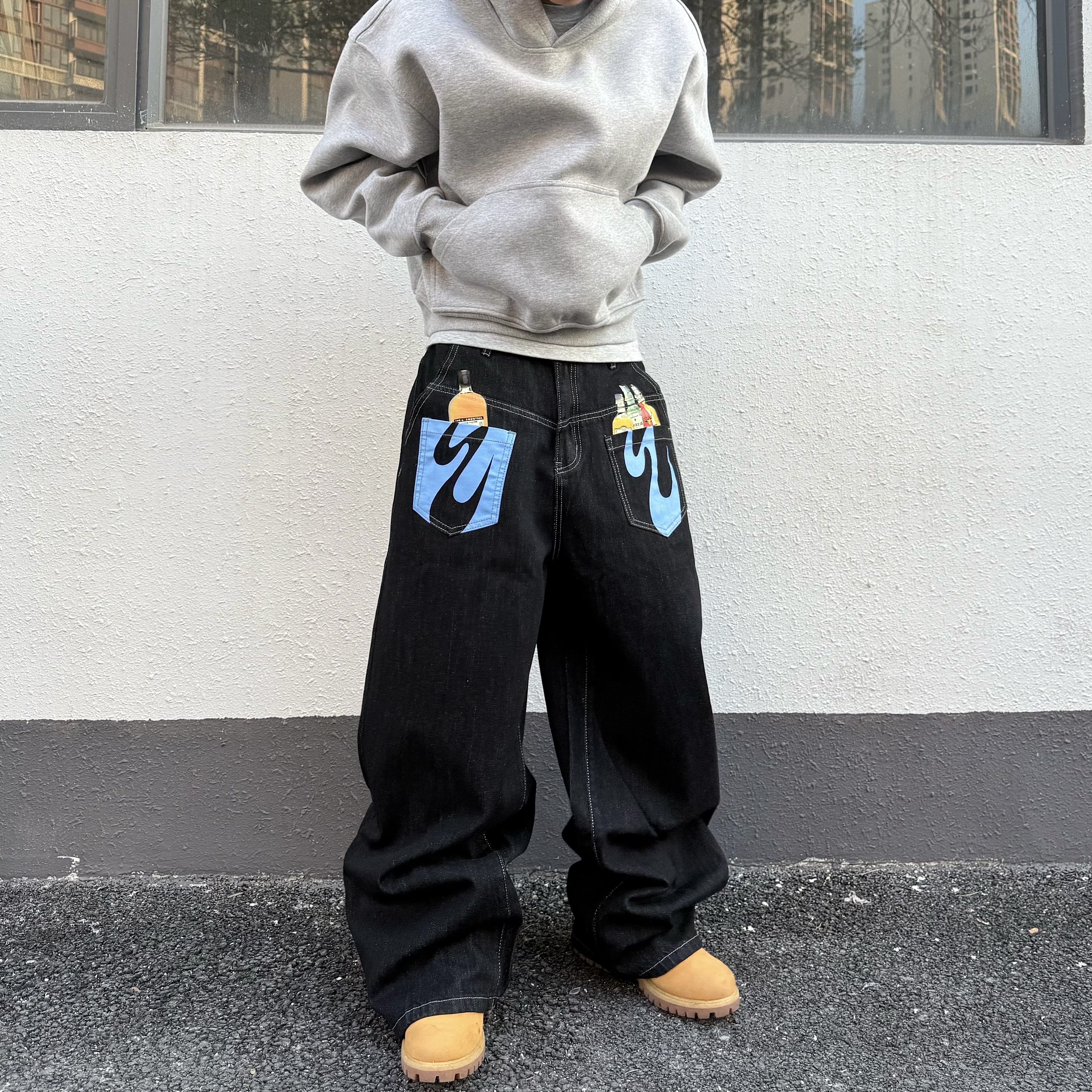 HY711 涂鸦反穿口袋设计微弯刀黑色原牛牛仔裤男女宽松阔腿裤子,男装,牛仔裤,淘宝优惠券,粉丝福利购,淘宝优惠卷