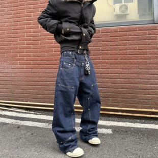 子 男女复古baggy裤 HY711 双腰头撞钉宽松直筒原牛伐木双膝牛仔裤