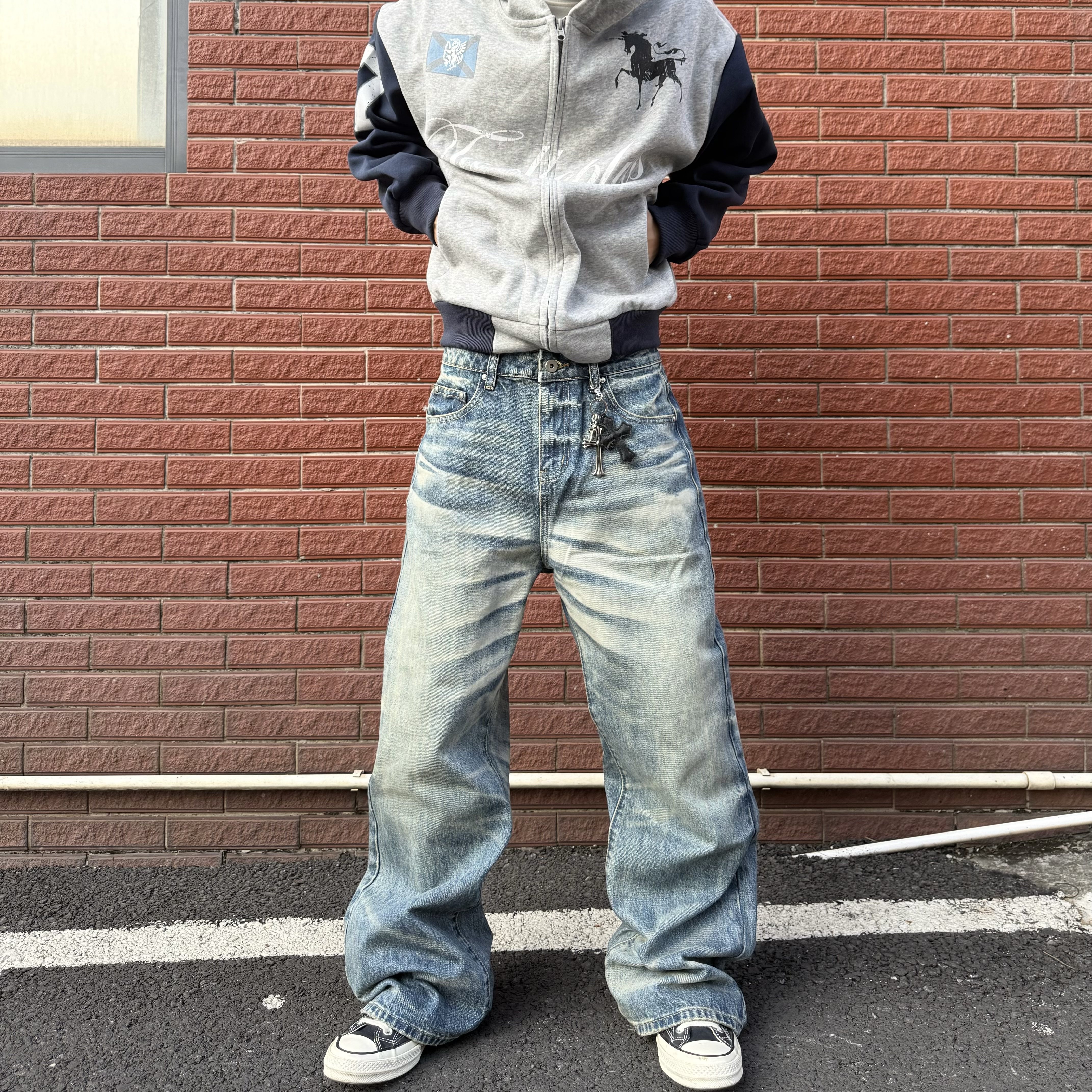 HY711 水洗风暴蓝猫须A字版型直筒宽松牛仔裤男女cleanfit裤子,男装,牛仔裤,淘宝优惠券,粉丝福利购,淘宝优惠卷