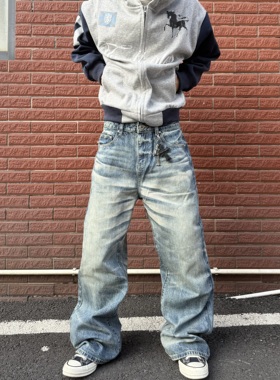 HY711 水洗风暴蓝猫须A字版型直筒宽松牛仔裤男女cleanfit裤子