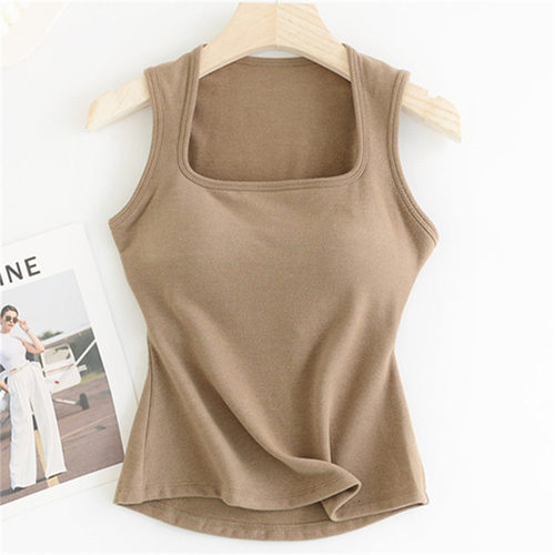 德绒宽肩带胸垫一体免穿文胸保暖背心女秋冬季加厚大领口厚款上衣