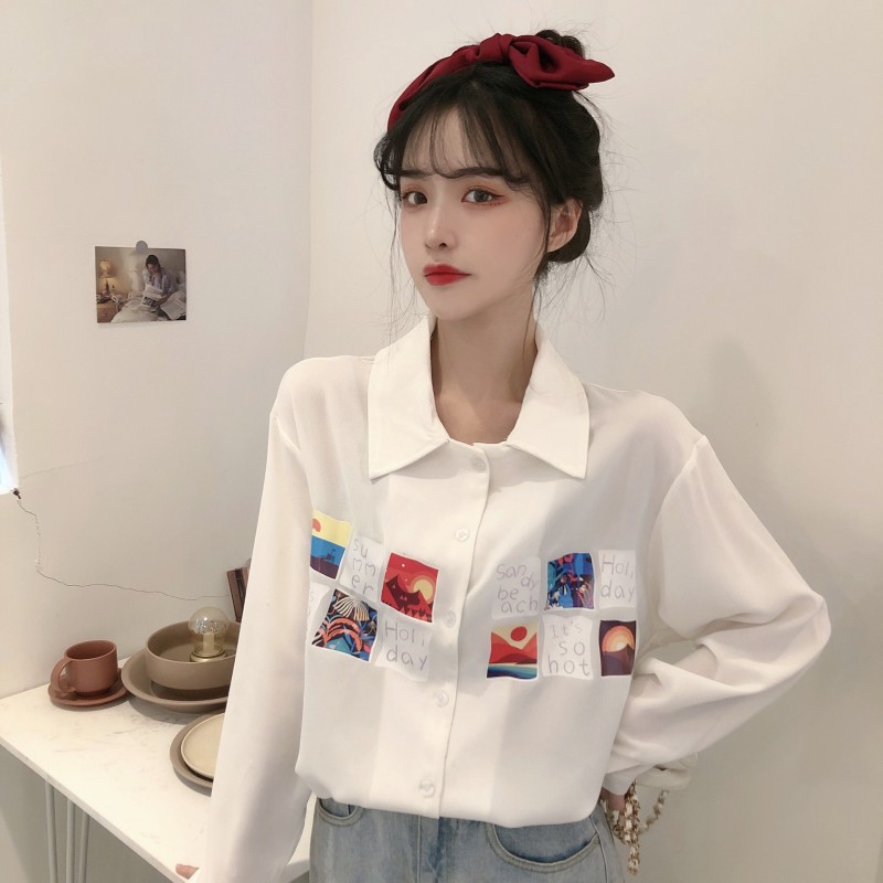 Real price simple printing long sleeve Lapel shirt top female student trend