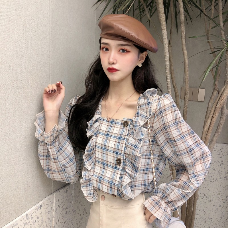Real price 2021 new net red square collar lace Plaid Shirt women's fashion