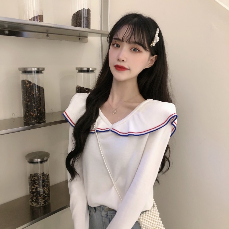 Real shot real price net Red Navy collar off shoulder color contrast stitching T-shirt top fashion