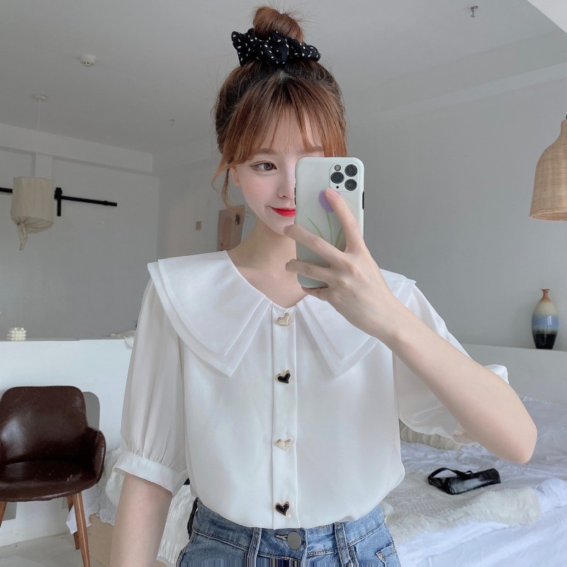 Real price net red same double layer doll collar love button Chiffon short sleeve shirt top female student trend