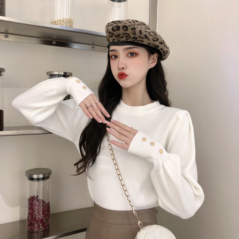 Real price net red design button decoration thickened bubble sleeve sweater bottoming sweater female student trend