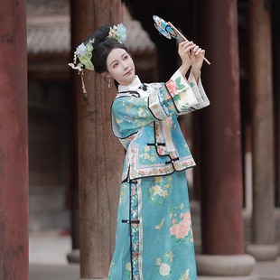 原创【晚清】汉服女清代公主服装格格服印花古装马甲清朝旗装两件